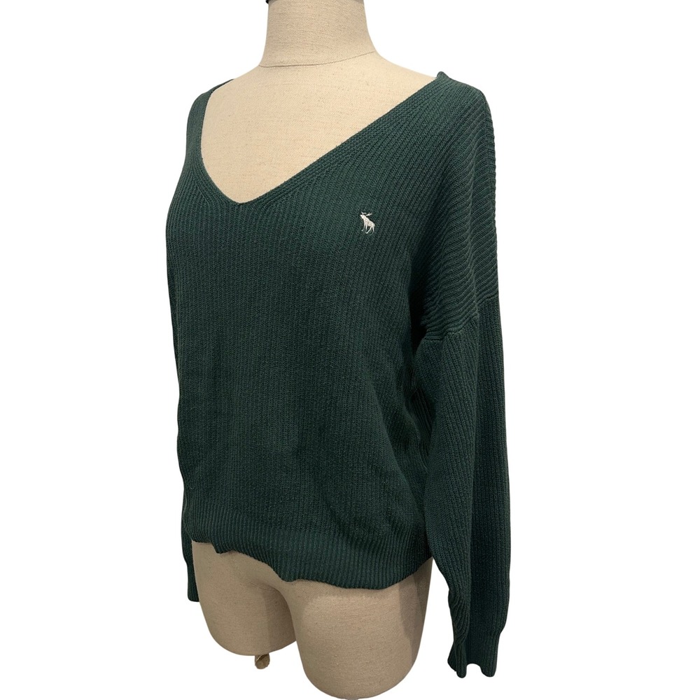 Abercrombie & Fitch Women Large Forest Green V-Neck Ribbed Knit Sweater Moose